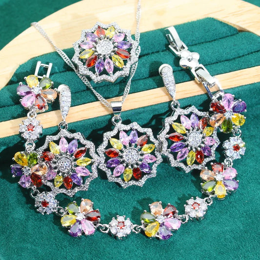 Multicolor Zircon 925 Sterling Silver Jewelry Set for Women for Wedding Parties Bracelet Earrings Necklace Pendant Ring