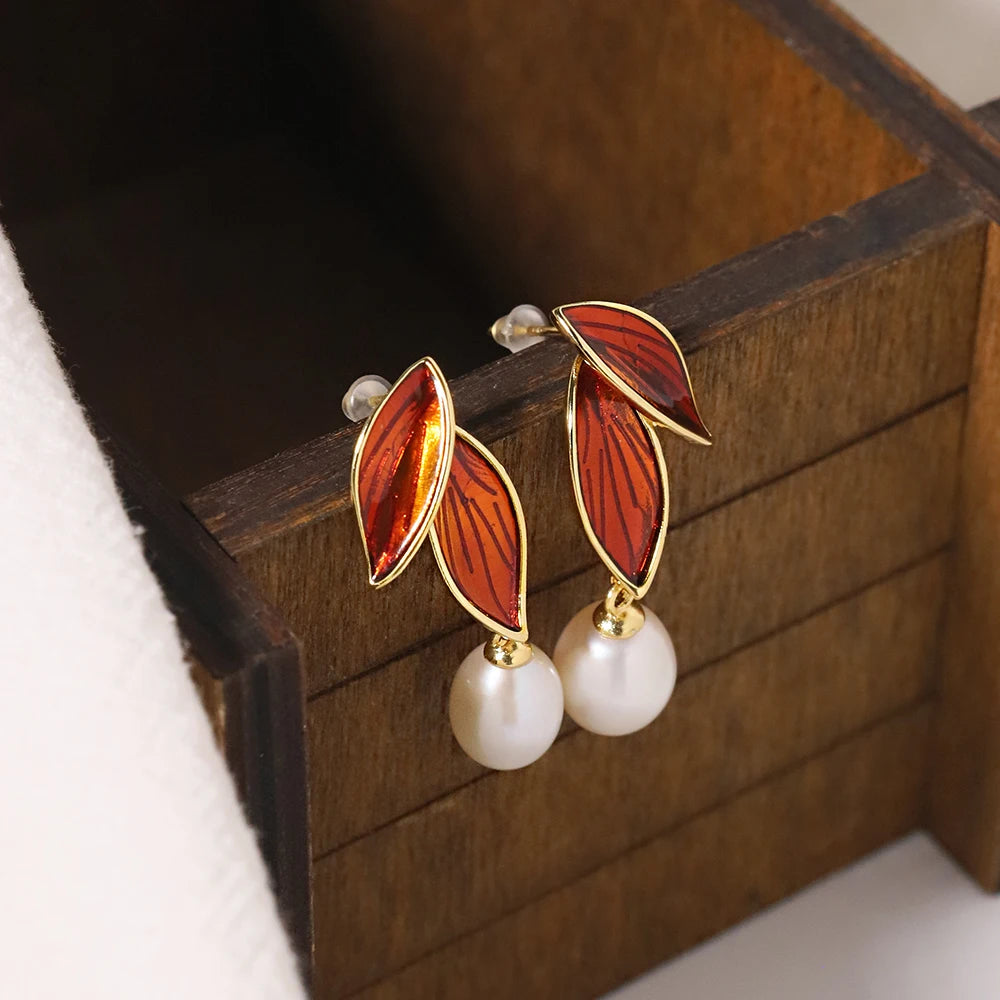 Natural Freshwater Pearl Red Double Leaf Earrings Korean Women's Luxury Jewelry Fashion Women's and Girls' Gifts GE1595