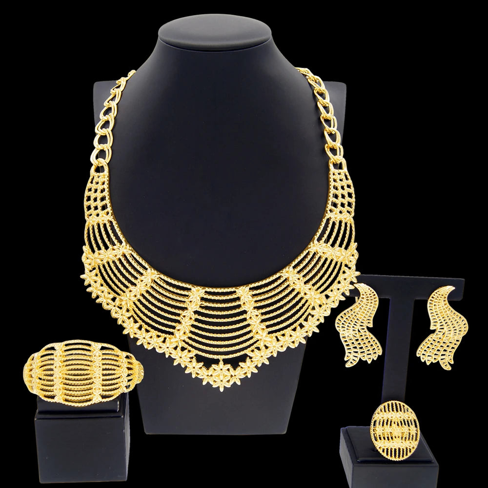 Zhuerrui 18k Pleated Personalized Necklace Bracelet Earrings Ring Jewelry Sets Italian Gold Plated Women's Jewelry Set H00533