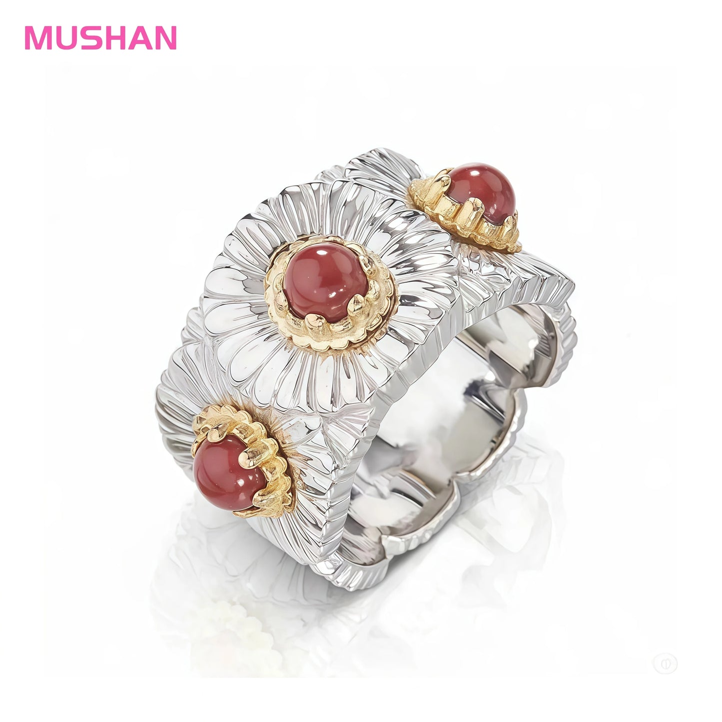 MUSHAN Jewelry Factory Women 925 Sterling Silver Little Daisy Ring with Red Stone Fine Jewelry Flower Rings for Women and Girls
