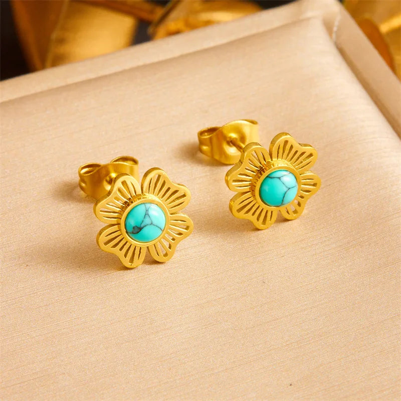 Gold Turquoise Flower Necklace, Earrings & Bracelet Jewellery Set | Boho Luxury Set