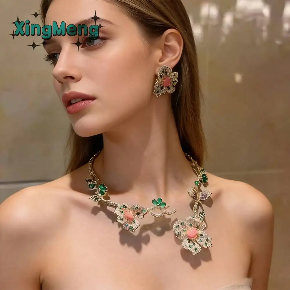 XM S207 Platinum Plated Princess Cut Zircon Floral Statement Necklace & Drop Earrings Bridal Set