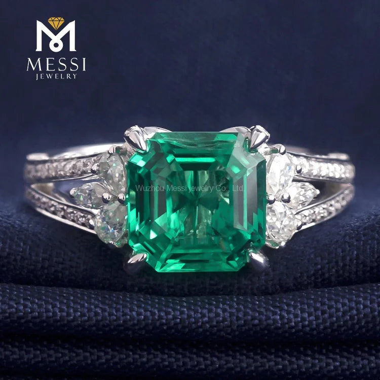 Gemfiori MS-230 Messi Jewelry Price 18k White Gold 3 Carat Asscher Cut Lab Created Emerald Engagement Ring