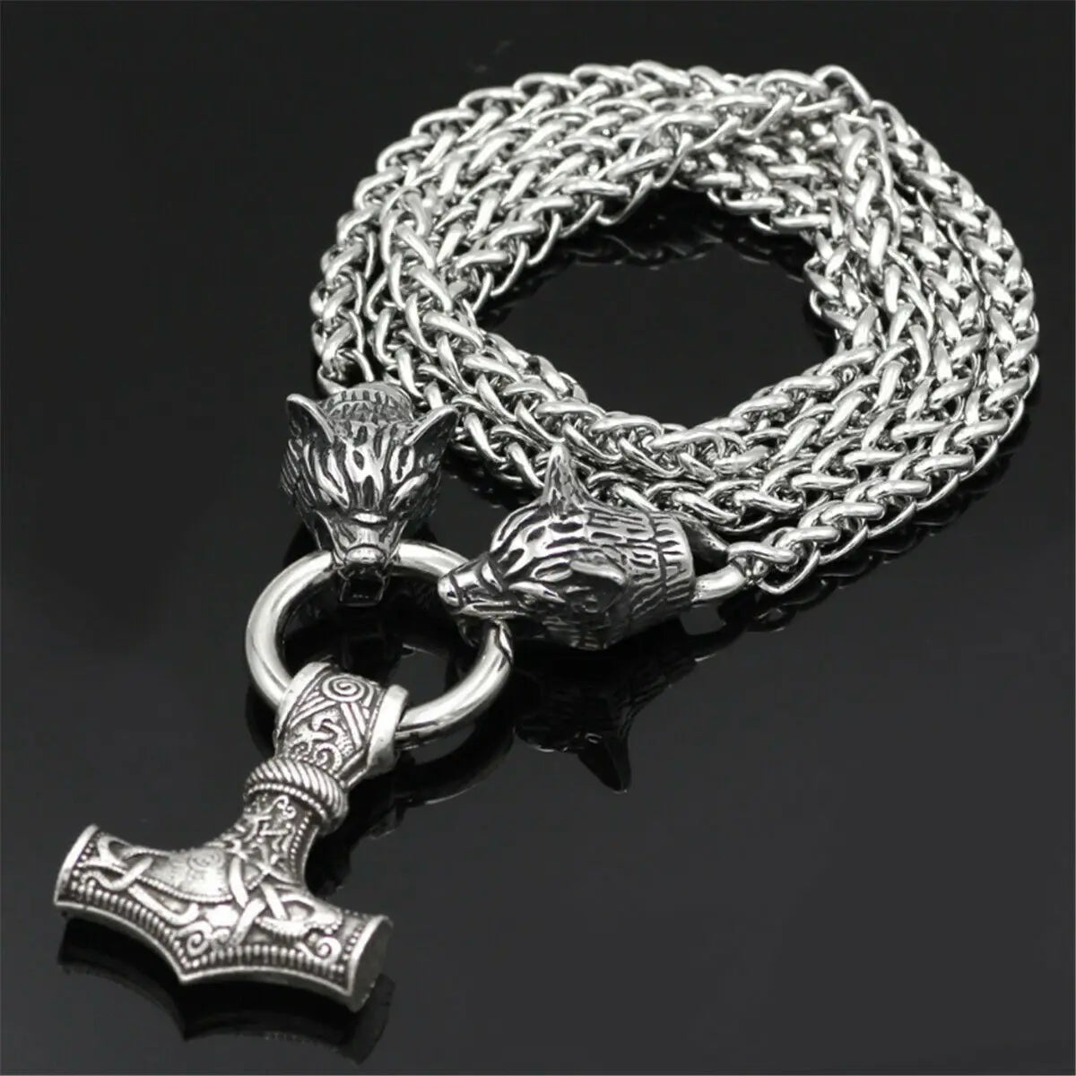 REBEL VIKING Thor Hammer Mjolnir Wolf Head Pendant Necklace – 24" Stainless Steel