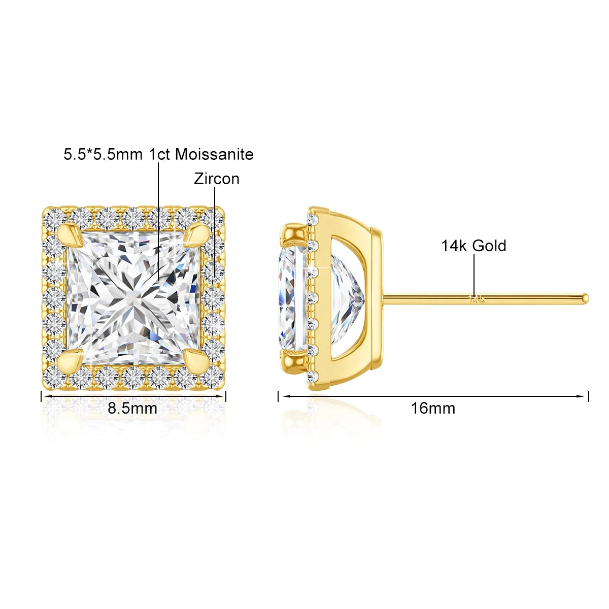 Gioiellieri Luxury Fine Jewellery Engagement Party Gift 1 Carat Princess Square Cut Moissanite Woman 14K Gold Stud Earrings