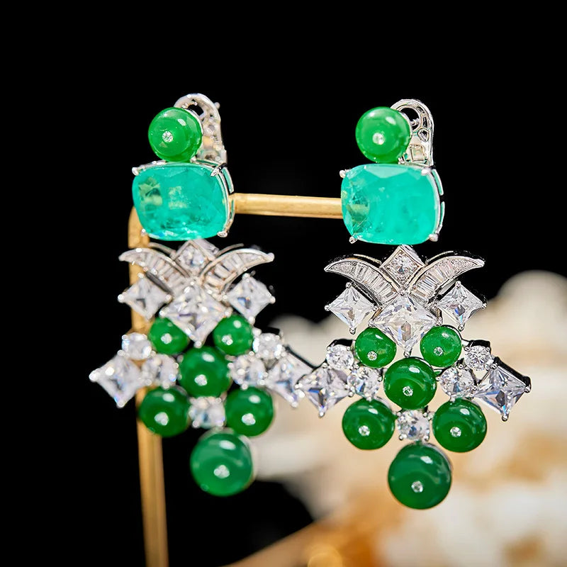 Exaggerated Luxury Paraiba Pendant Jewelry Green Emerald Zirconia Beads Tassel Special Pattern Design Necklace Earring  Set