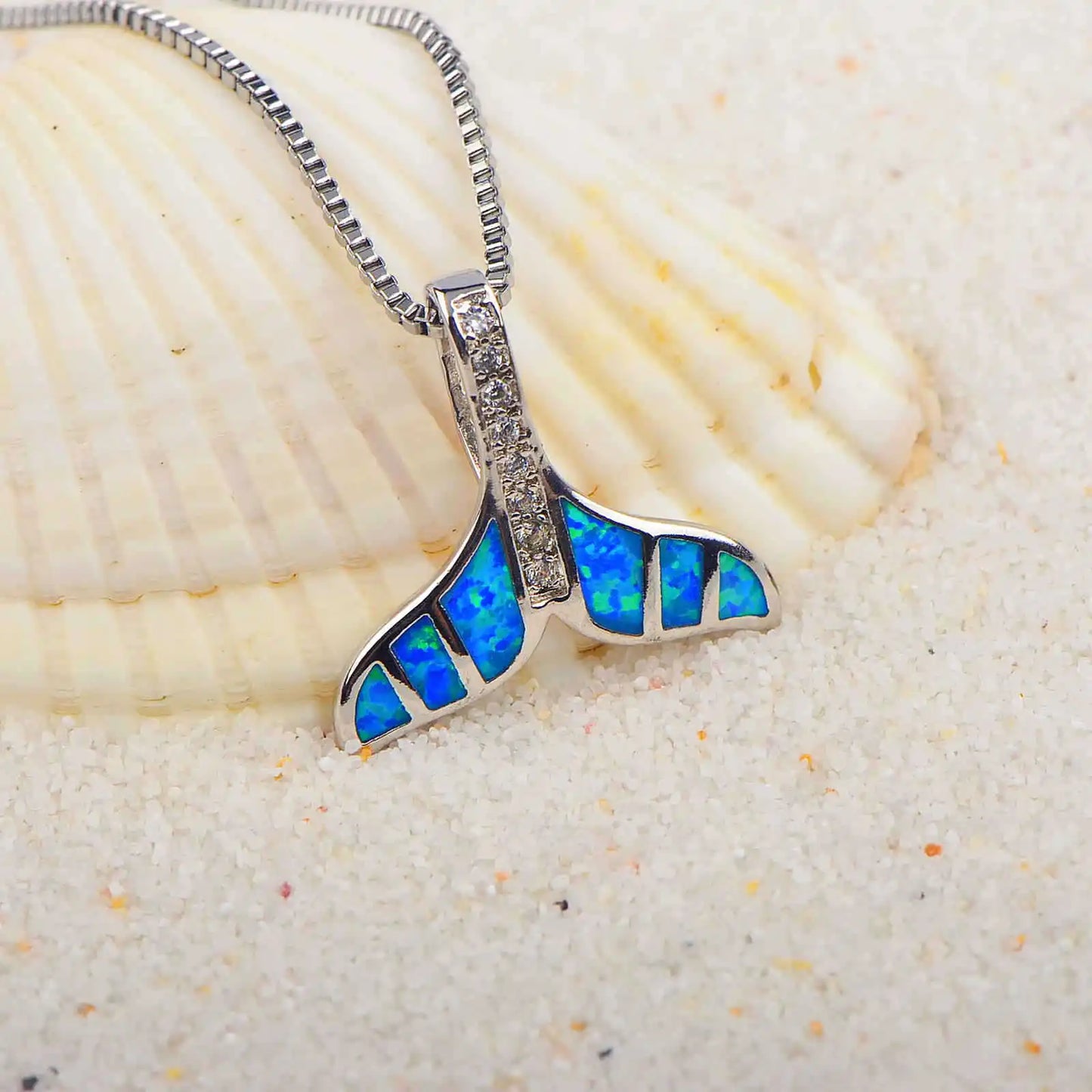 Copper Silver Plated Trendy Christian Hawaiian Animal Blue Opal Whale Tail Fish Tail Pendant Box Chain Anniversary Necklace