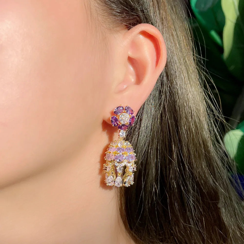 Luxury Purple Cubic Zirconia Crystal Indian Gold Plated Gypsy Bell Dangly Drop Long Earrings for Women Party Costume Jewelry