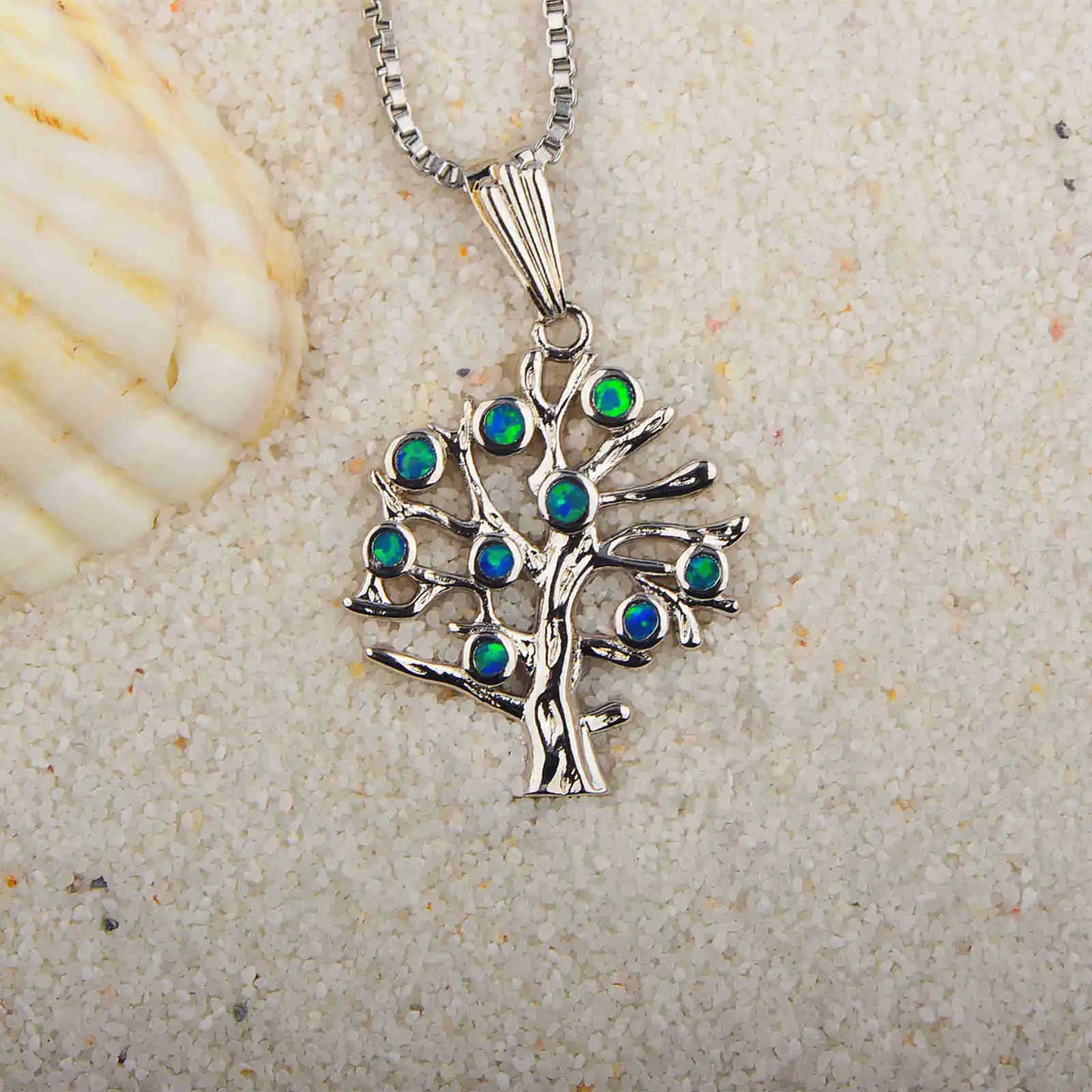 Copper Opal Tree Life Blue Tiny Pendant Flower Sweater Chain Women's Gift Silver Plated TikTok Ins Trendy Jewelry