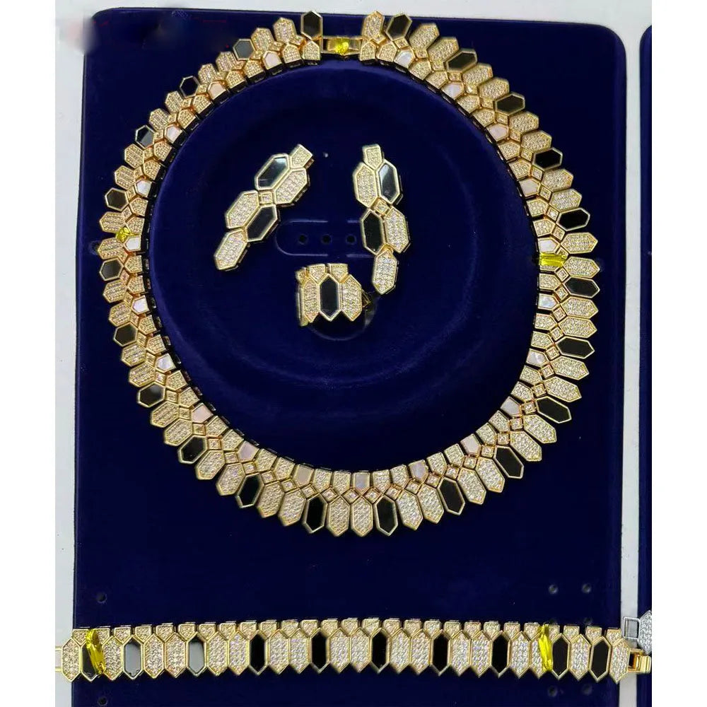 Middle Eastern Luxury Gold Jewelry Set with White Shell Black Agate Cubic Zirconia Chocker Necklace Earring Ring Bracelet Sets