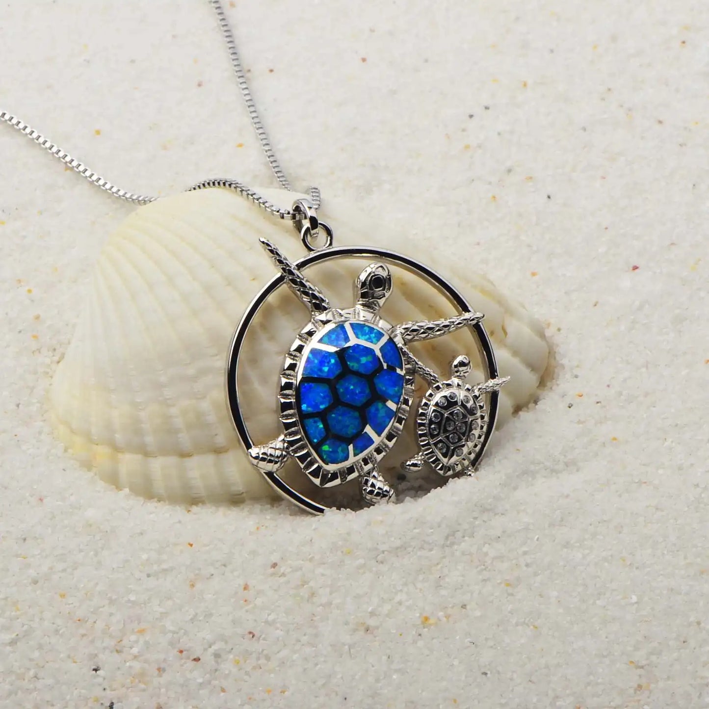 Minimalist Silver Turtle Pendant with Blue Opal | Delicate Copper Box Chain Lariat Necklace-Ladies Gift