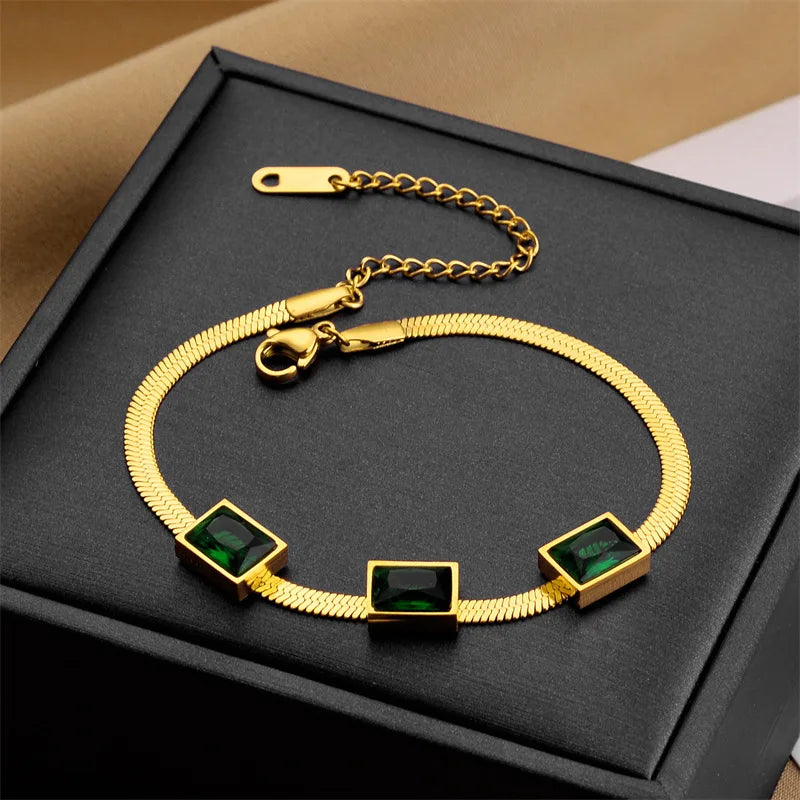 Gold Chain & Green Crystal Necklace & Bracelet Jewellery Set | Colour-Pop Luxury Fashion Set