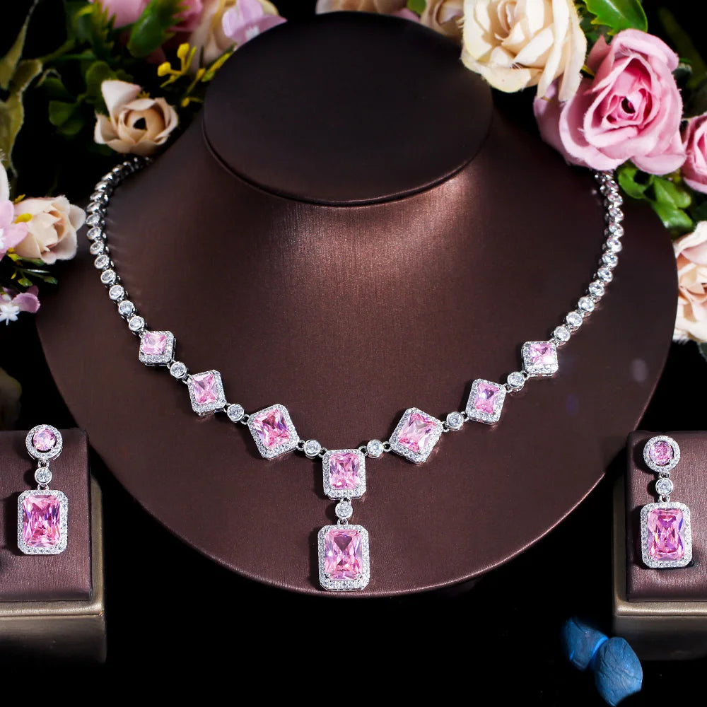Bulk Luxury Purple Cubic Zircon Halo Setting Jewelry Set Copper Alloy Necklace and Drop Earrings for Women Wedding Party Gifts