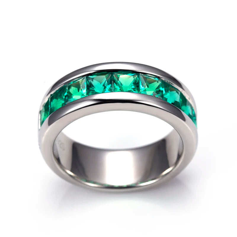 Messi Jewelry MSR-1182 Classic Style 925 Silver Princess Cut Lab Grown Colombia Emerald Engagement Ring