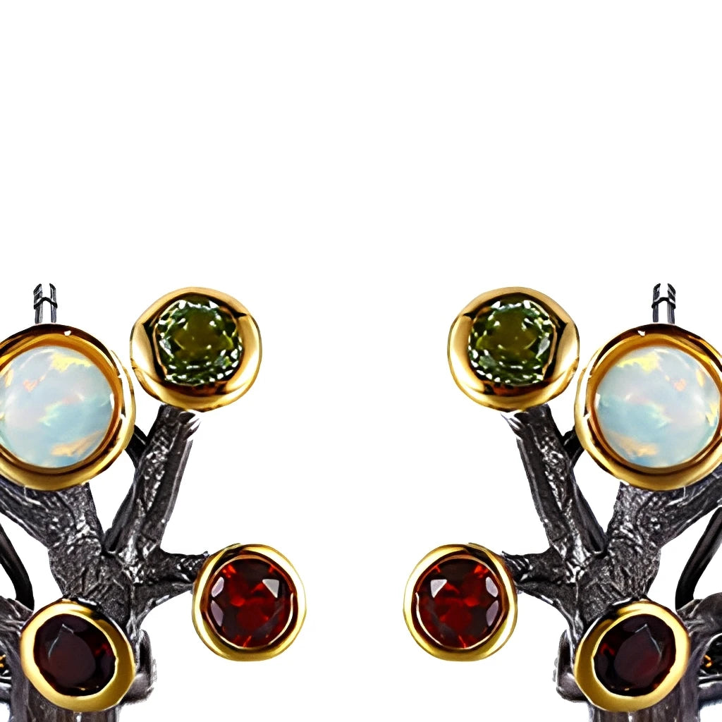 Tree Branch Design Opal Gemstones 925 Sterling Silver Clip-on Earrings