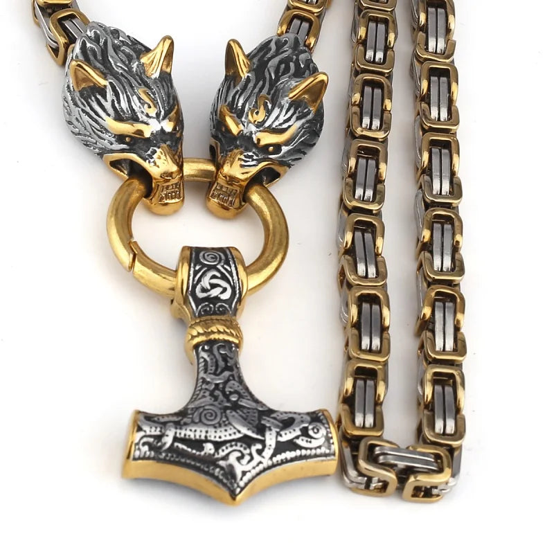 Wholesale Men's Stainless Steel Punk Pendant Necklace Gold Plated Thor Hammer Mjolnir for Mens Jewelry