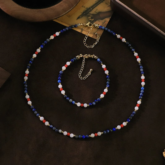 GLSEEVO Natural Freshwater Pearl, Red Coral & Lapis Lazuli Beaded Necklace & Bracelet Set — Nautical Bohemian Jewellery