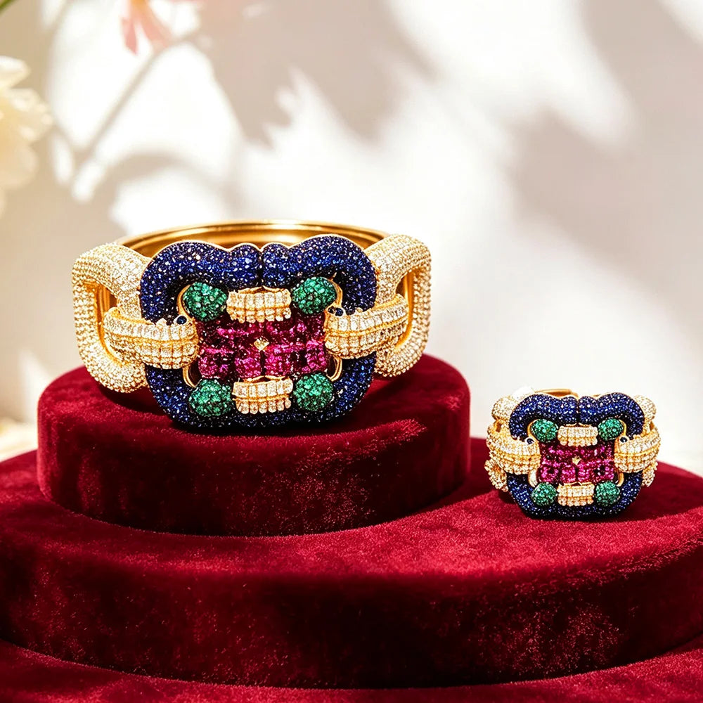 H262A Luxury 3 Rows 2PCS Zircon Bracelet Ring Earring Set Women Wedding Zircon African/Indian/Dubai Bridal Jewelry Set