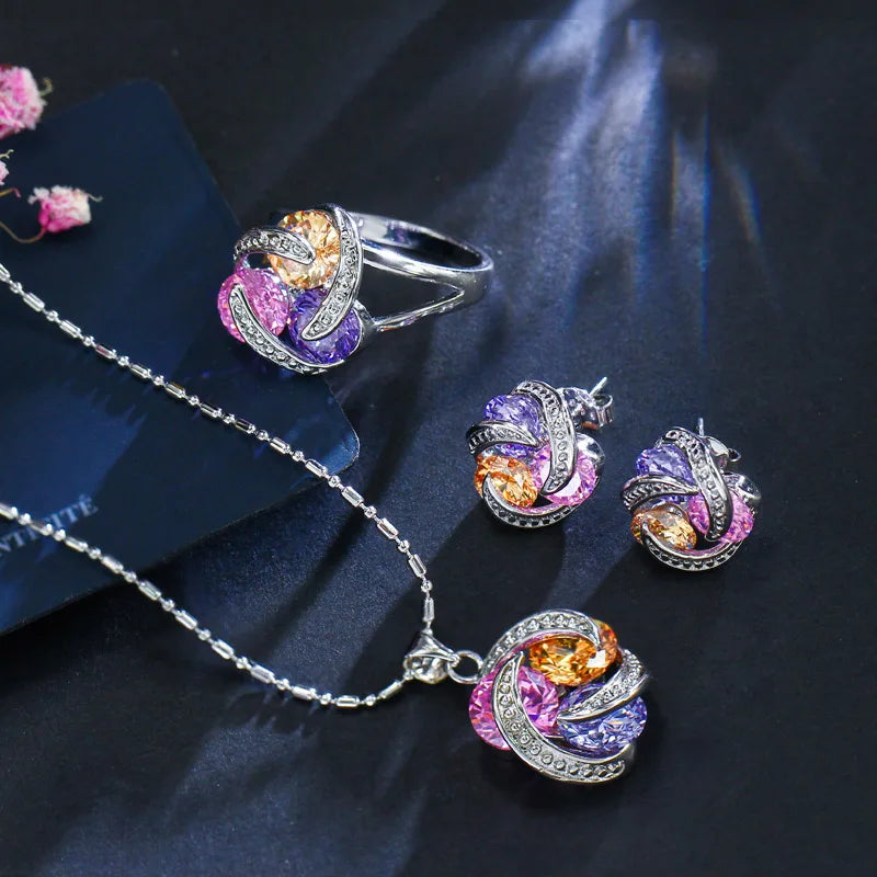3pcs Geometric Multi Color Cubic Zirconia Crystal Cute Pendant Chian Necklace Earring and Finger Rings Jewelry Sets for Female