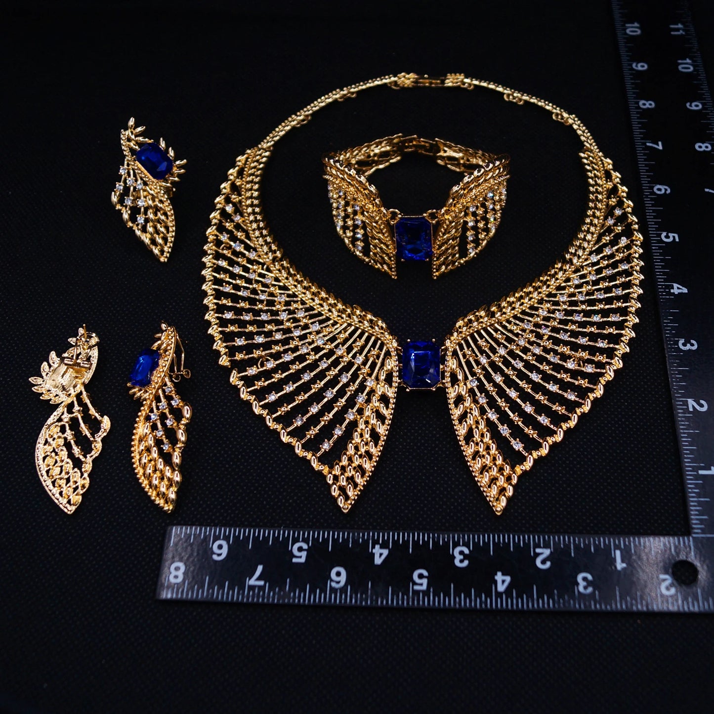 Zhuerrui Gold Plated Feather Design Necklace Bracelet Earrings Set with Blue Gemstones Rhinestones for Party Wedding 100029