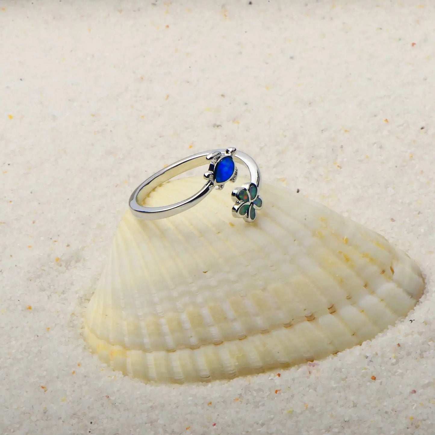 Cute Turtle & Flower Opal Open Ring | Blue/Iridescent Gem Inlay  Band | Nature-Themed Fashion Jewelry for Women