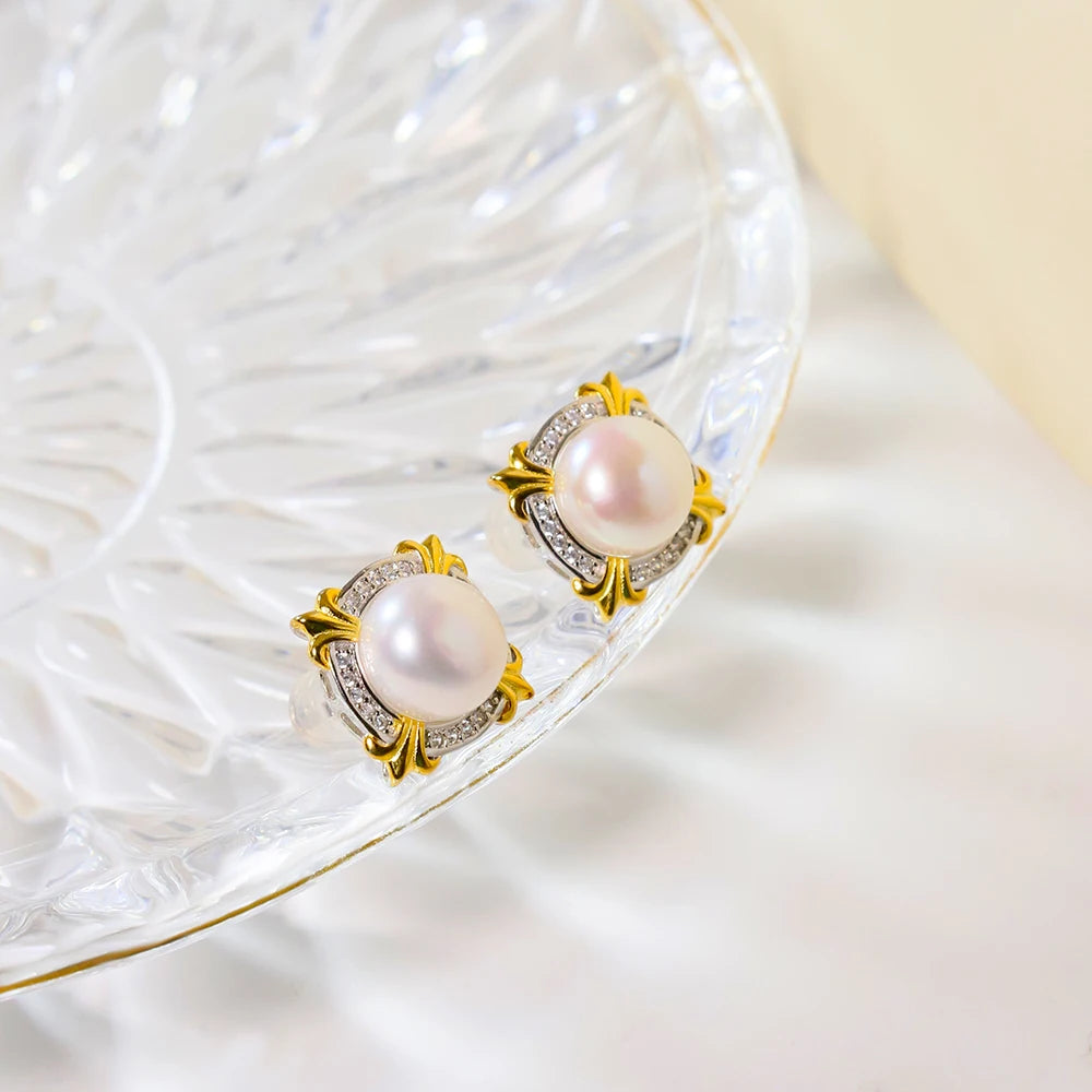 Natural Freshwater Pearl Round Flower Shaped 925 Silver Earrings for Women Korean Classic Vintage Fashion Jewelry Earrings