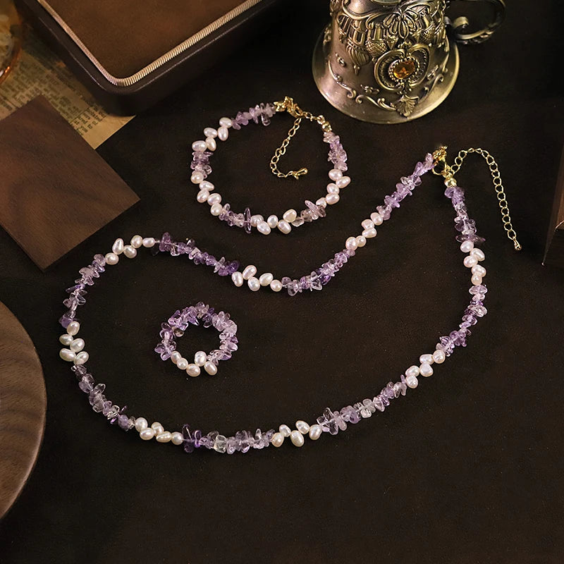 Natural Freshwater Pearl  Amethyst Jewelry Set for Women Daily Wear Wedding Pearl Dainty Jewelry Set Bohemian Style Jewelry