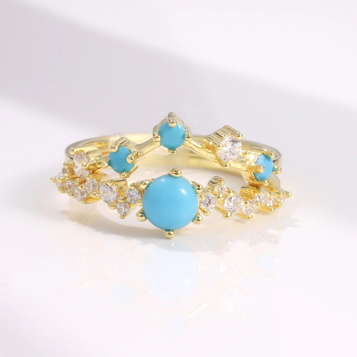 ArtistA Abiding Light Luxury Cluster Zirconia Synthetic Turquoise Gemstone 925 Silver Wedding Engagement Ring Set