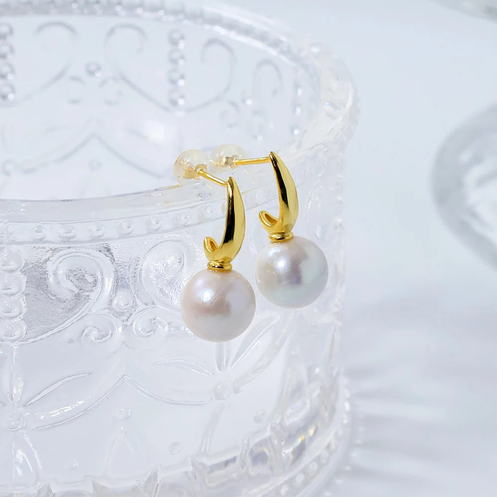 Natural Freshwater Pearl Gold Pendant Earrings Korean Style Women Luxury Jewelry Fashion Ladies and Girls Gift GE1567