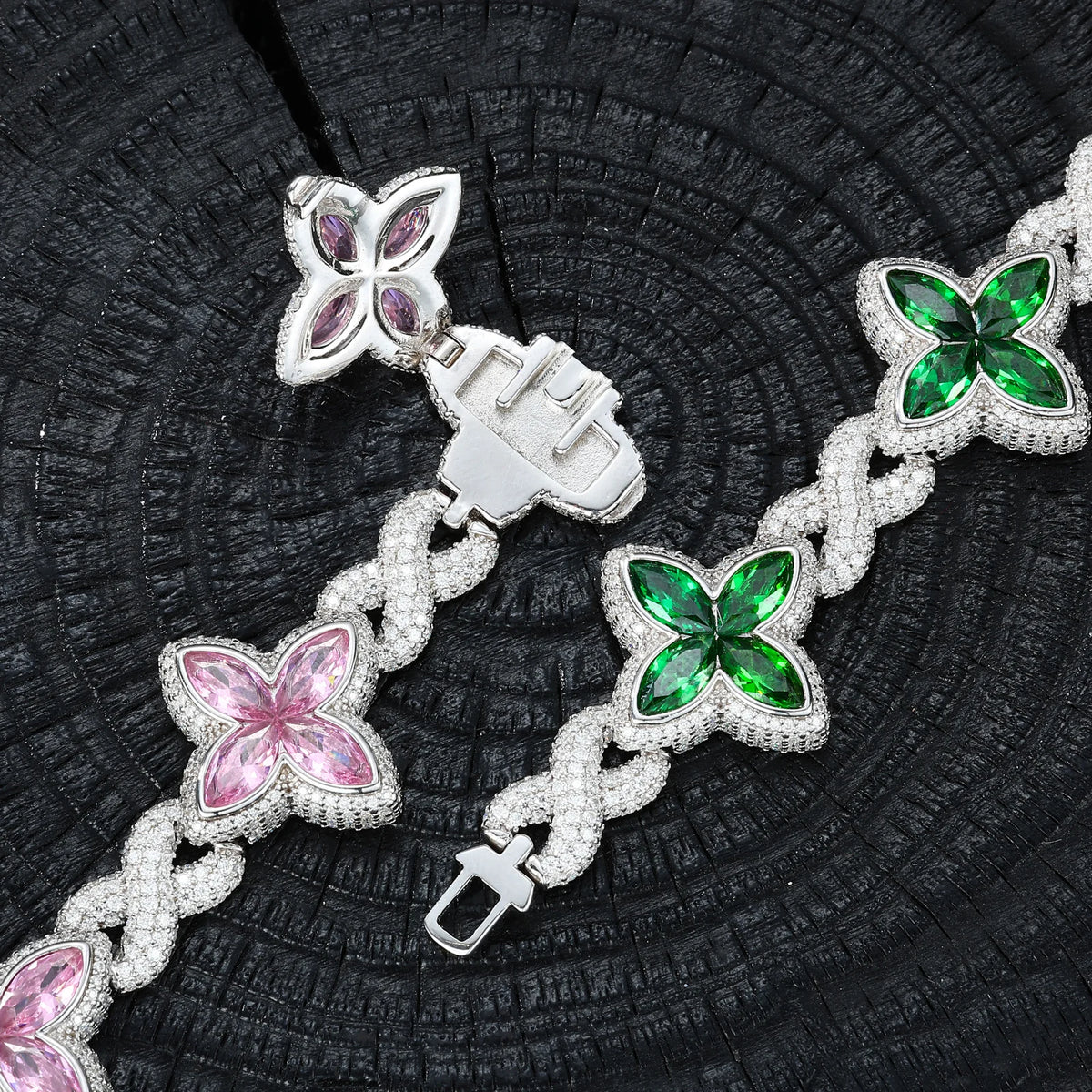 S&S Iced Out Hip Hop Jewelry 21mm Diamond Flower Chain Gold Plated Four Leaf Clover Bracelet CZ Fashion Gift for Anniversary Party