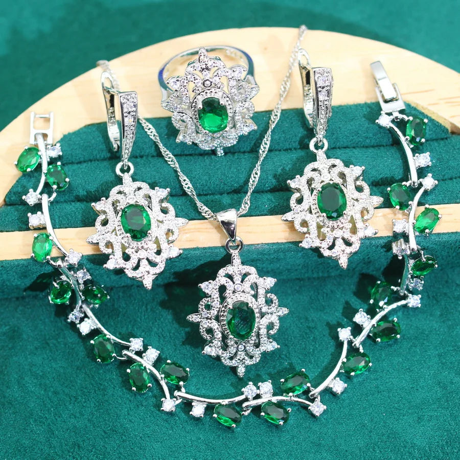XOTICA 2024 New Classic Green Zircon 925 Silver Jewelry Set for Women Wedding Bracelet Earrings Necklace Pendant Ring Engagement