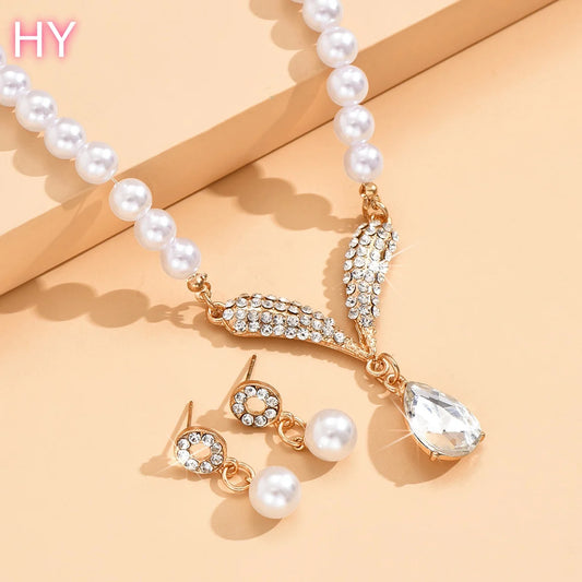 HY  Factory Wholesale Custom Korean Version Imitation Pearl Necklace Earrings] Bridal Accessory Temperament Two-piece Set