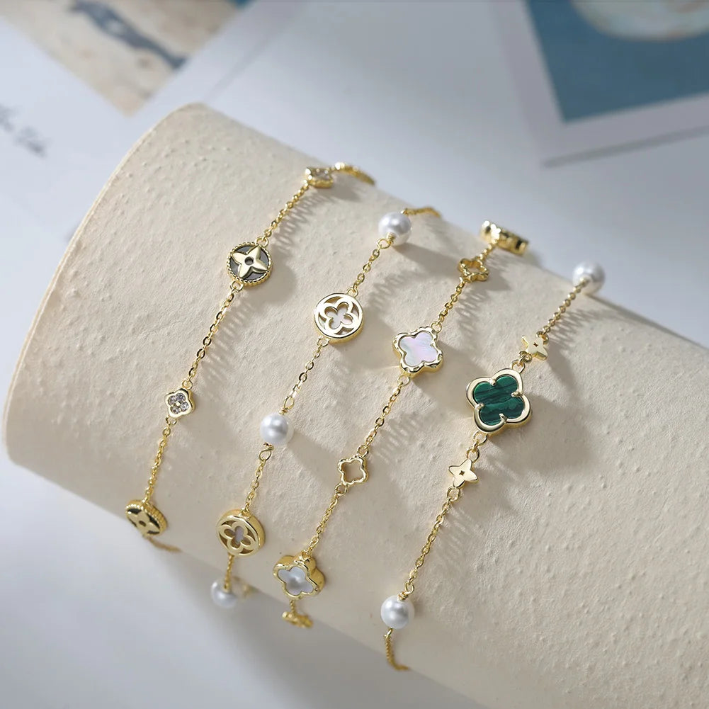 Natural Malachite Four Leaf Clover Shape with Shell Pearl 925 Sterling Silver Chain Anklet for Women