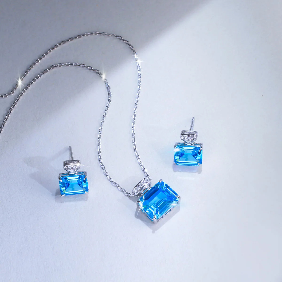 S&S Aqua Blue CZ Emerald Cut Pendant Necklace & Stud Earrings Set | 925 Silver Rhodium Plated | S&S Collection