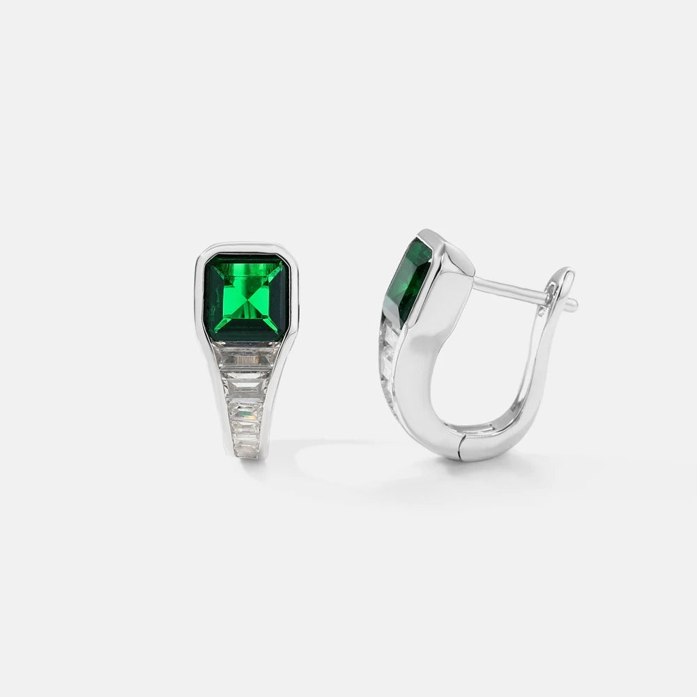 SILVERELLI Green High Carbon Diamond Hoop Earrings | S925 Sterling Silver | Geometric Light Luxury