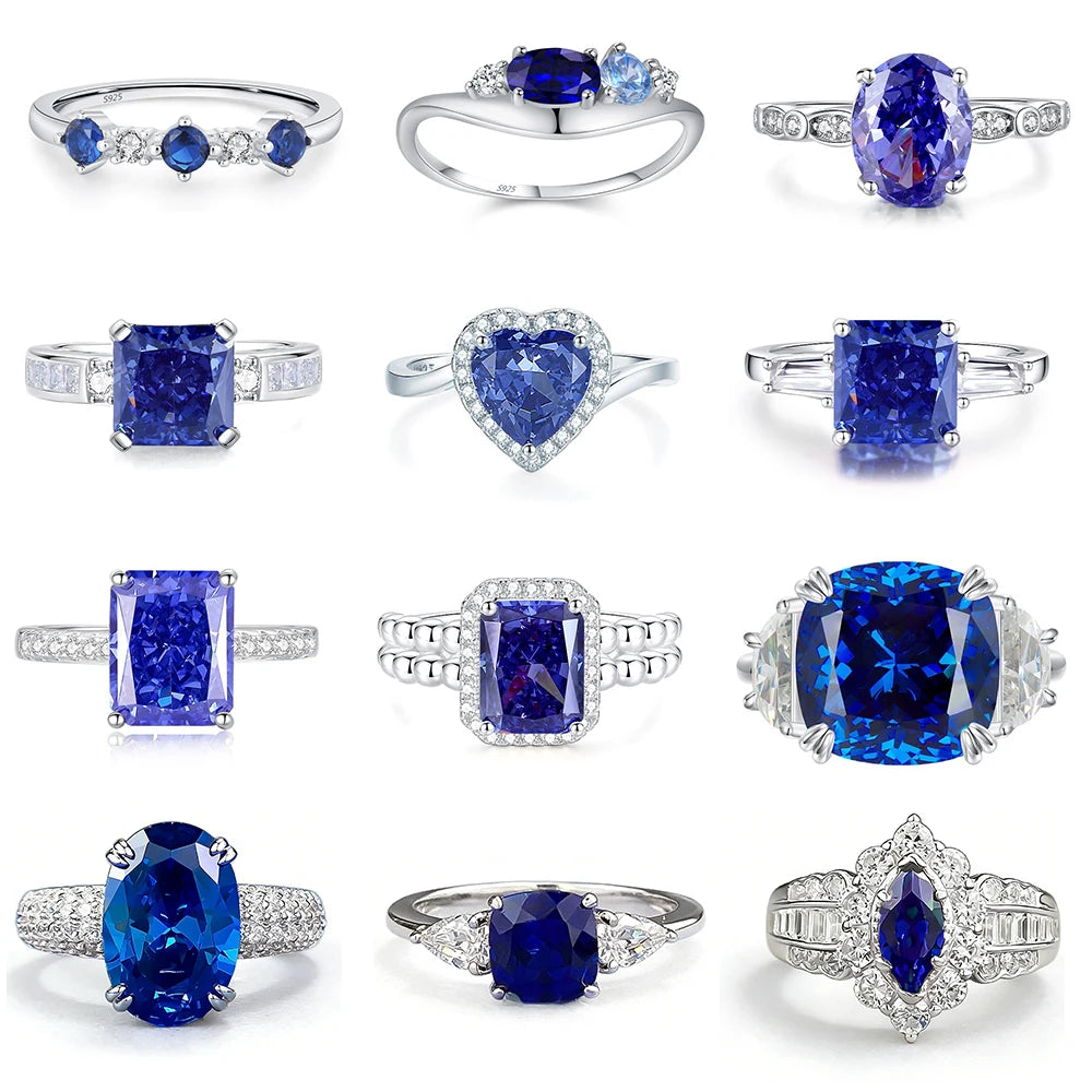 Factory Direct Women 925 Sterling Silver Sapphire Iced Out Blue 5A 8A Zirconia Ring Engagement Wedding Ring Jewelry Manufacturer