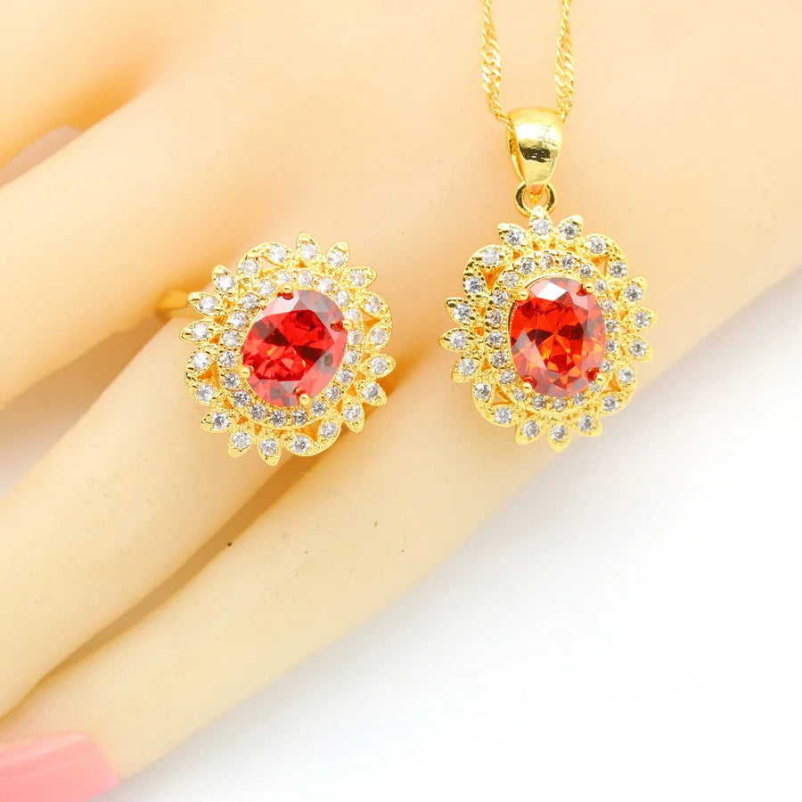 XOTICA 2023 New Red Zirconia Crystal Jewellery Set for Women Including Bracelet Earrings Ring Pendent Necklace for Wedding Engagement