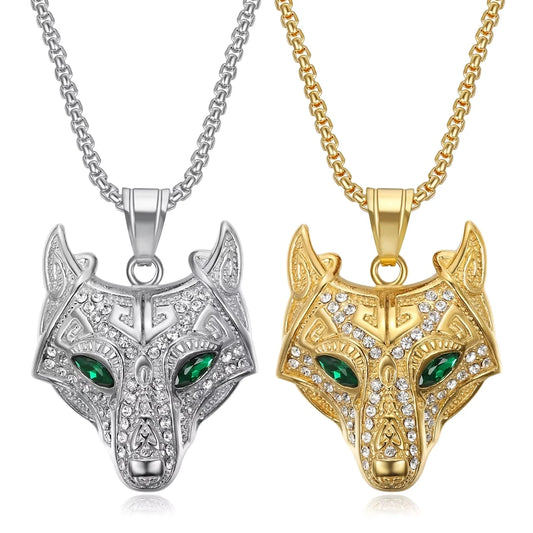 Hip Hop Iced Out Diamond Viking Celtic Wolf Stainless Steel Fine Fashion Jewelry Pendants Necklaces 18K Gold Plated Women