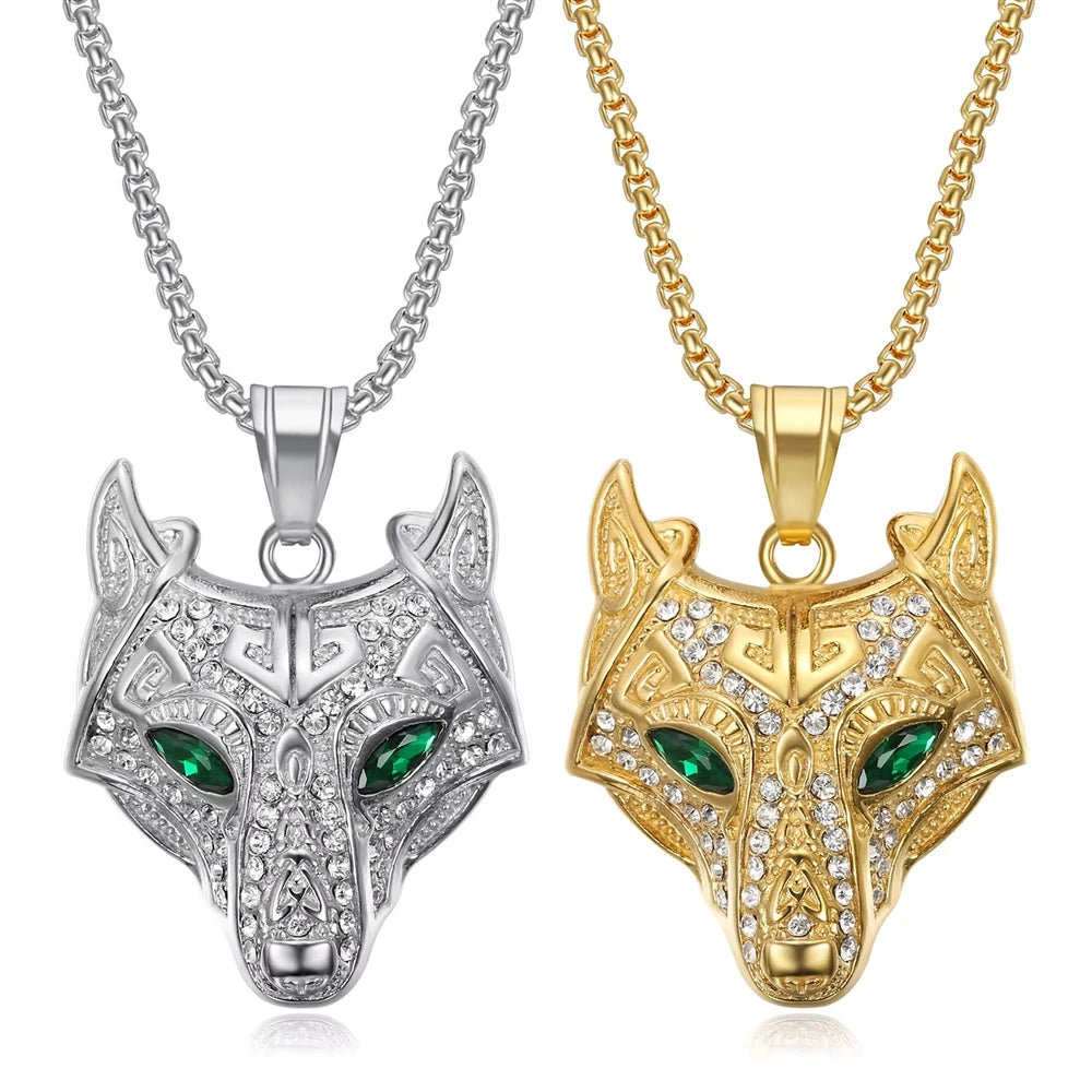 Hip Hop Iced Out Diamond Viking Celtic Wolf Stainless Steel Fine Fashion Jewelry Pendants Necklaces 18K Gold Plated Women