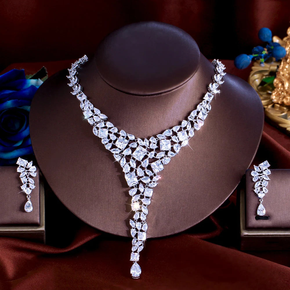 High Quality Luxury Statement Cubic Zirconia Drop Chunky Nigerian Wedding Necklace and Earring Bridal Jewelry Set for Women