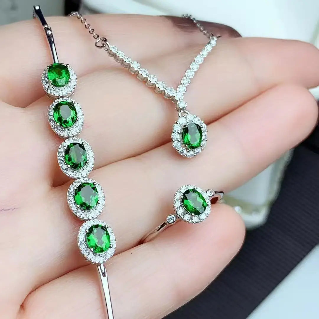 Jewelry 925 Sterling Silver Natural Diopside Ring Bracelet Necklace Set Engagement Gift 18K Gold-plated Women's Jewelry