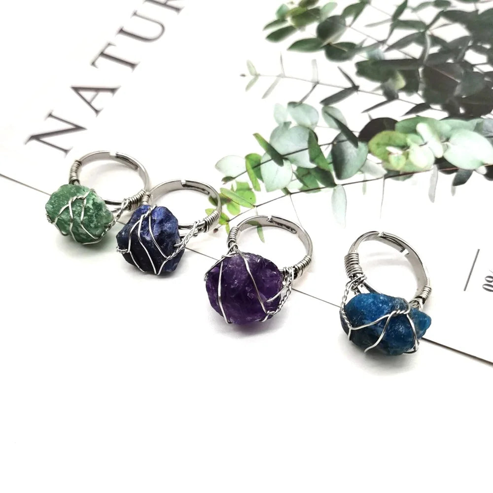 Men Women Large Stone Rings Wire Wrapped Crystal Resizable Gem Ring