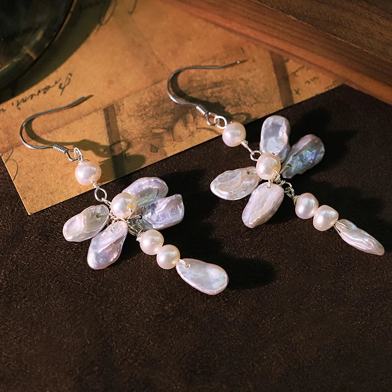 Natural Freshwater Pearl Baroque Dragonfly Earrings Handmade Creative Design High-Quality Earrings Gift for Wife Banquet GE1794