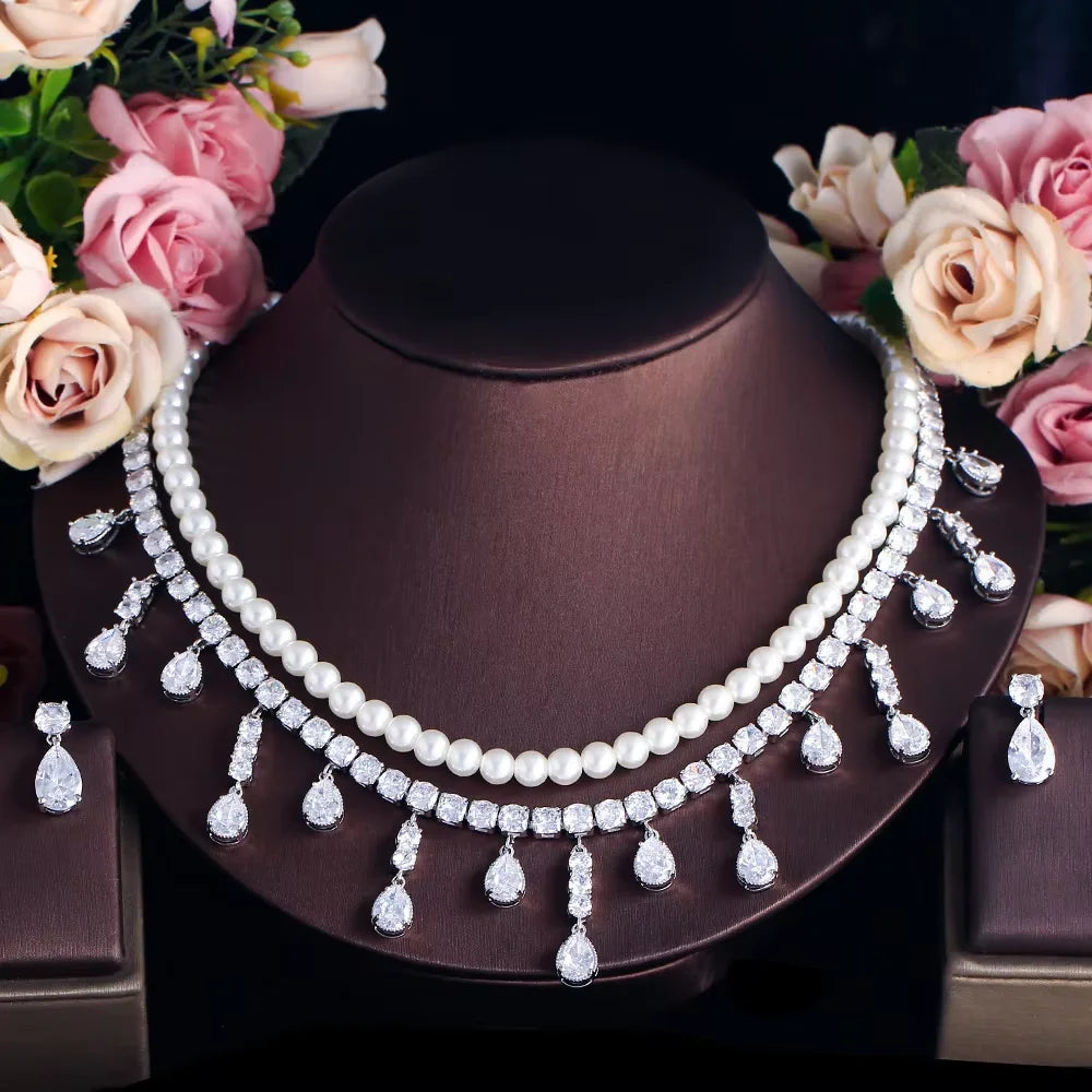 Gorgeous Tassel Necklace and Earrings Cubic Zirconia Imitation Pearl Wedding Bridal Luxury Jewelry Set for Women