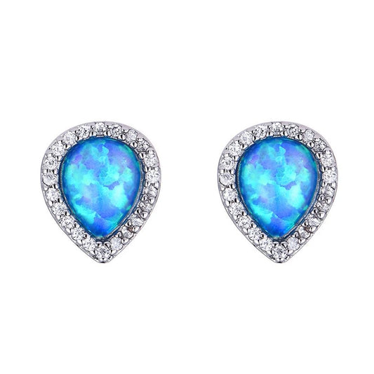 Teardrop Opal Halo Stud Earrings - Blue Fire Opal & Paved CZ Frame Design | Elegant Daily Jewelry Bulk Gifts