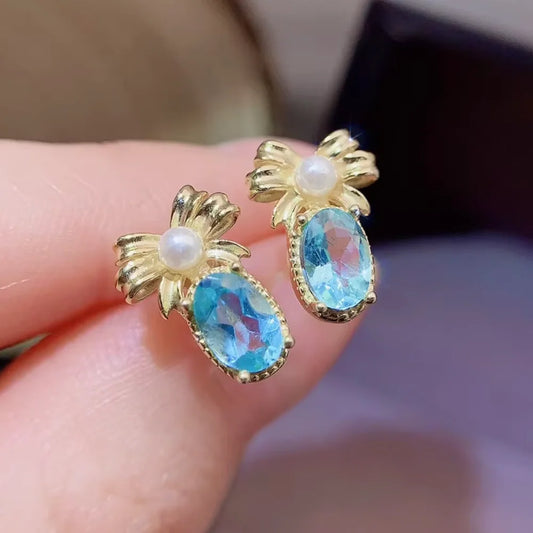 Gioiellieri Natural Swiss Blue Topaz Stud Earrings with S925 Sterling Silver Setting Elegant Romantic Fine Gemstone Jewelry Anniversary Gift