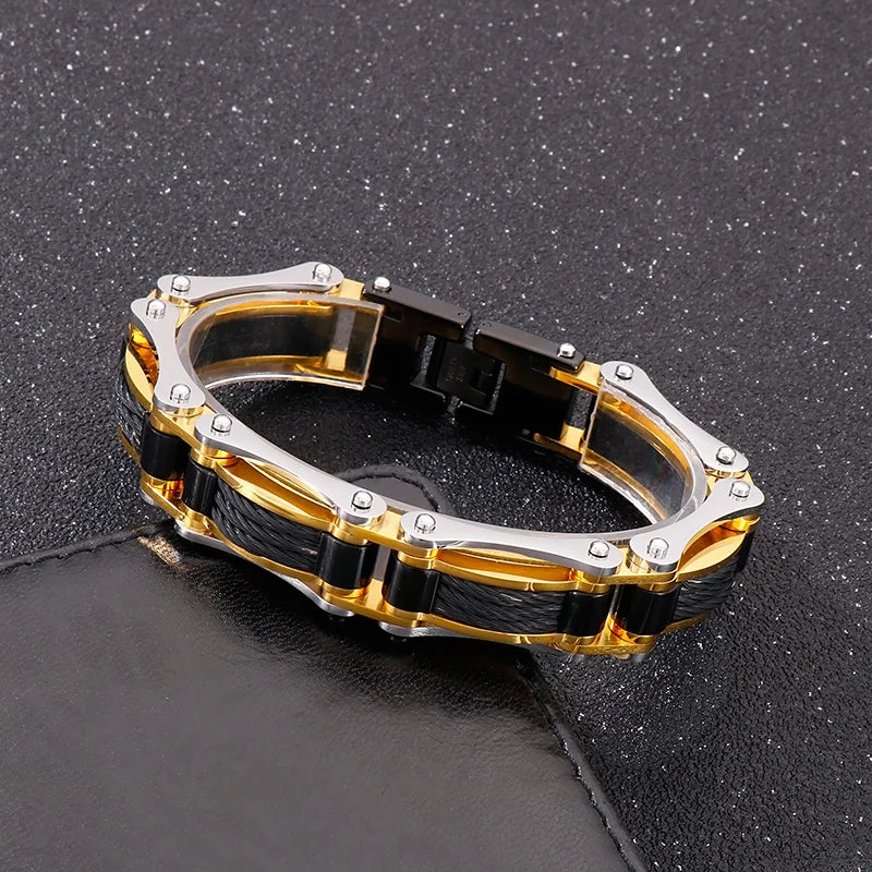 REBEL Mens Trendy Jewelry Fashion Bracelets Stainless Steel Bike Link Bracelet Bangle