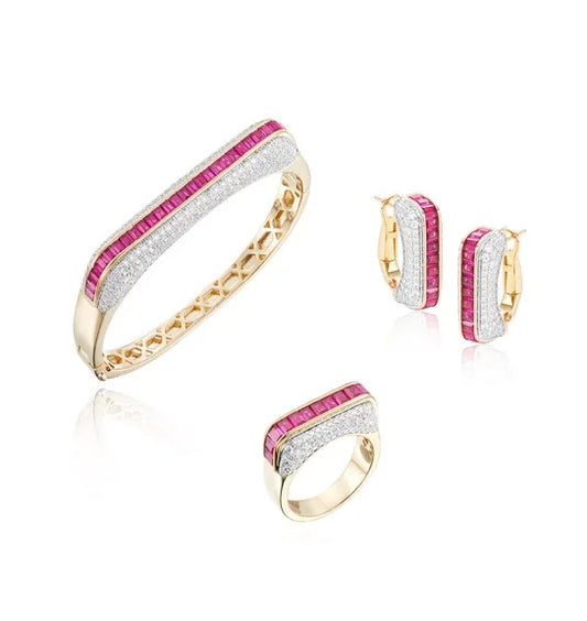 High End Gold-plated Earrings Rings Bracelets Set Paired with square Red Gemstone Fashionable Couple Wedding Matching Jewelry