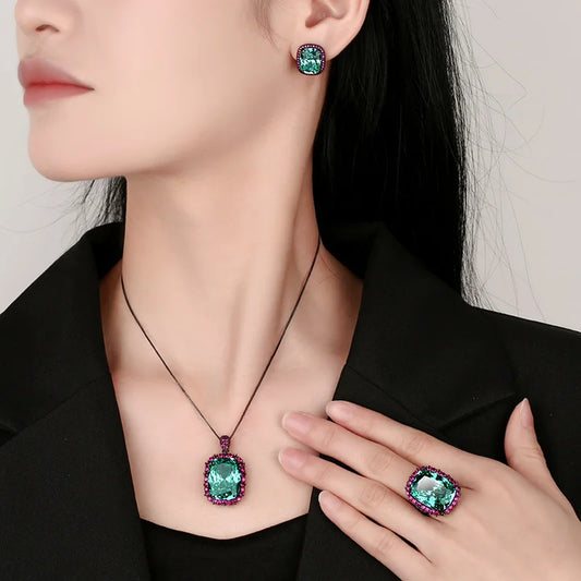 Gemfiori High Quality Luxury square Gemstone Set Girls' Party Gifts Zircon Jewelry Earrings Ring Necklace Suitable for Women's Weddings