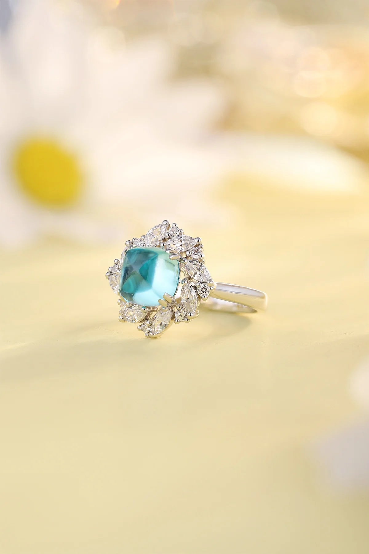 Gemfiori Anster 925silver Sugar Loaf Cutting Lab Grown Paraiba and Moissanite Ring for Women Customized Service Rings Acceptable